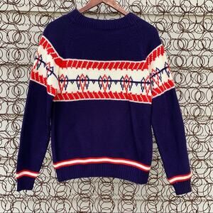 Vintage Montgomery Ward knit stripe fair isle blue red ski nordic sweater
